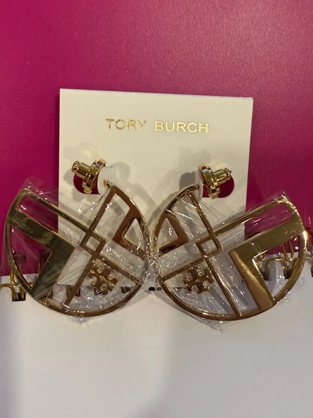 Tory Burch | Gold Plated Logo Half-Moon Hoop Earrings | Large | Lightweight